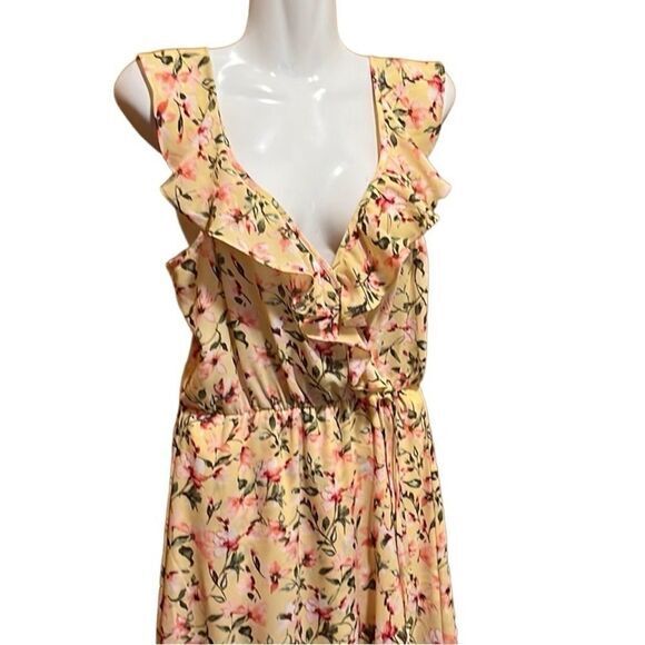 SOCIALITE DRESS XS YELLOW PINK RUFFLE PRINT WRAP MIDI ROMANCE FAIRYCORE SEXY - Picture 2 of 15